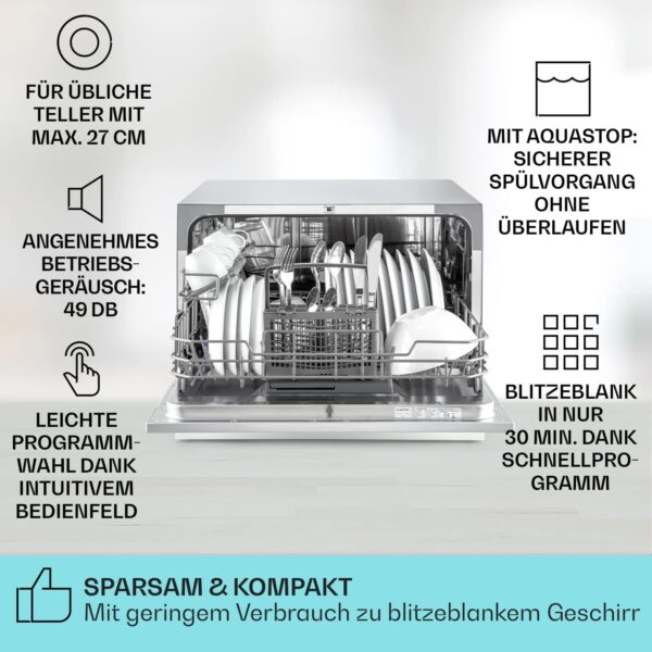 Klarstein Mini-Geschirrspüler für 6 Gedecke, Leiser Geschirrspüler Klein mit 6 Spülprogrammen, Kleiner für Zuhause, Büro und Camping, Mini mit Wasseranschluss