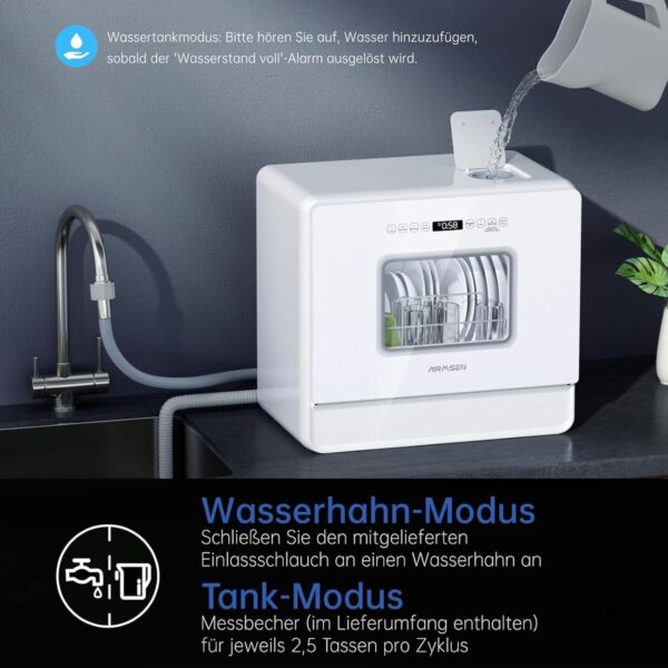 AIRMSEN Tischgeschirrspüler Mini Geschirrspüler mit Weichwasseranlage, 7+2 Programmen & 5L Wassertank, Kompakte Spülmaschine mit/ohne Wasseranschluss, Ideal für Wohnungen Wohnmobil Weiß