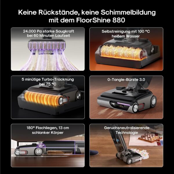 EUREKA FloorShine 880 Nass Trockensauger Akku, 24 kPa Kabelloser Staubsauger mit Wischfunktion, 100°C Selbstreinigung, 5-Min-Trocknung, Anti-Tangle, 3-seitig Kantenreinigung, 180° Flach Saugwischer